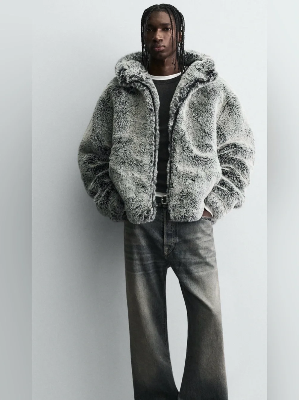 Zara men faux fur hooded jacket